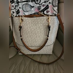 Calvin Klein Cream and Brown Tote Bag with Gold Accents